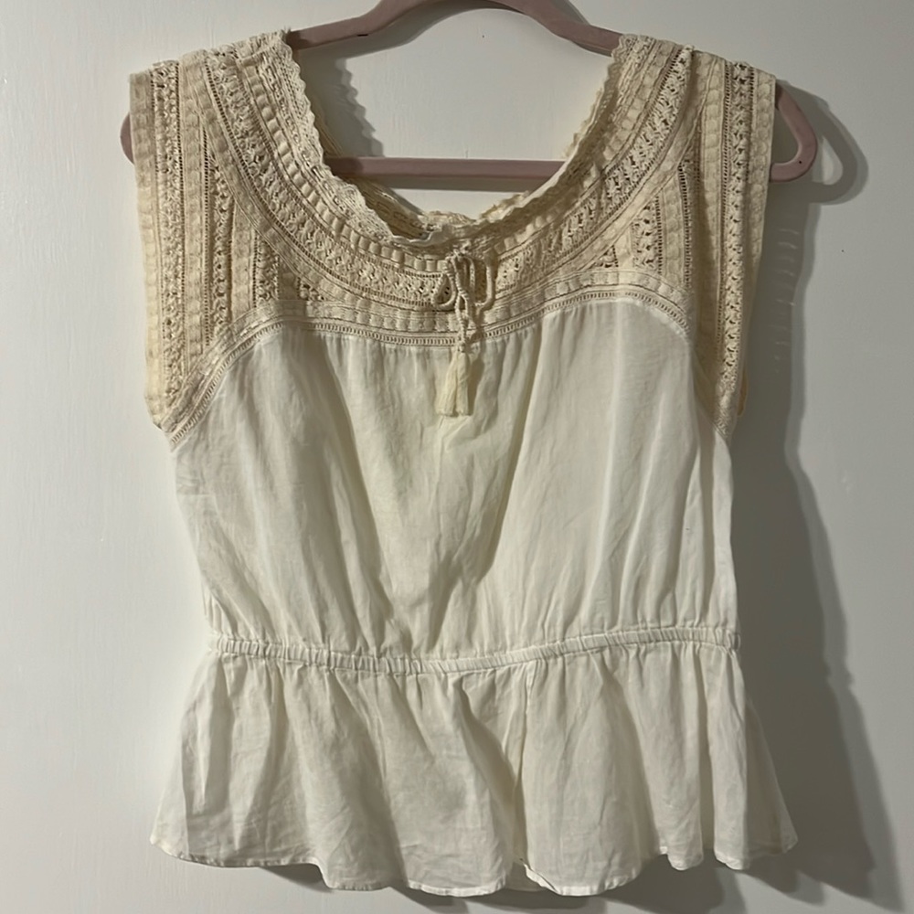 HD In Paris Anthropologie Peplum Crochet Top size S Ivory Ecru 100% Cotton